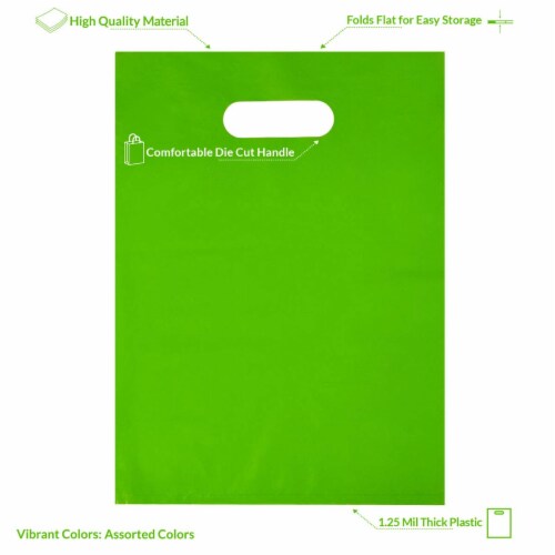 Prime Line Packaging Multi Plastic Bags with Handles Assorted Neon Colorful Bags 100 Pk 12x15 Perspective: left