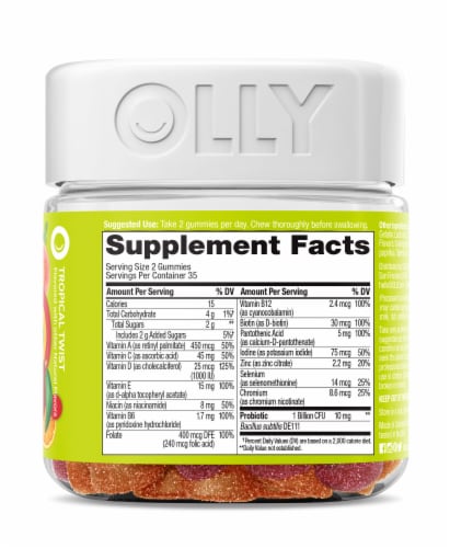 Olly Adult Multi + Probiotic Tropical Twist Gummies Perspective: left