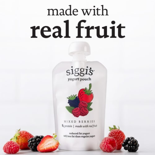 siggi’s Mixed Berries Reduced Fat Yogurt Pouches, 3.5 oz, 4 ct Pack Perspective: left