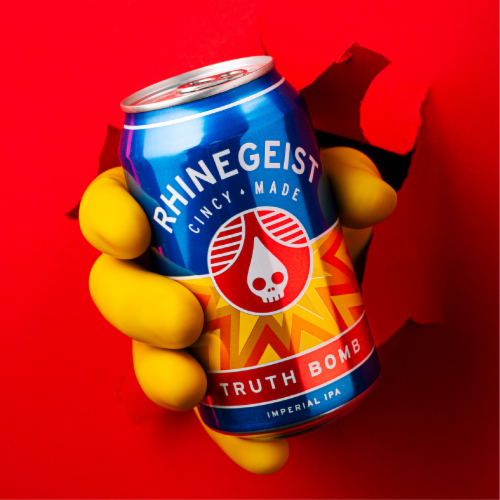 Rhinegeist Truth Bomb Imperial IPA Cans Perspective: left