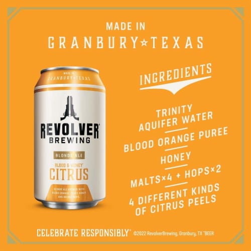 Revolver Blood&Honey Citrus Blonde Pale Ale Beer Cans Perspective: left