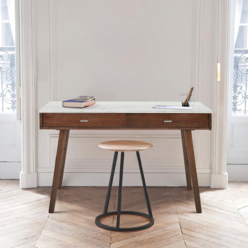 Viola 44  Rectangular Italian Carrara White Marble Writing Desk with Walnut Legs Perspective: left