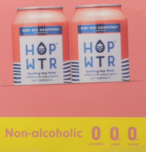 HOP WTR Ruby Red Grapefruit Sparkling Hop Water Cans Perspective: left