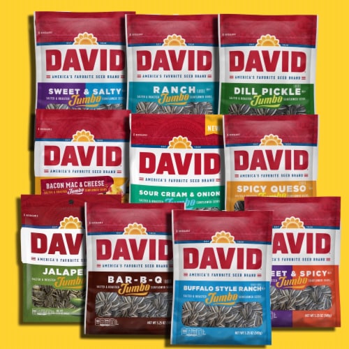 David Sunflower Seeds Variety Pack, Curated Flavors Include BBQ, Dill Pickle, Ranch, Bacon Ma Perspective: left