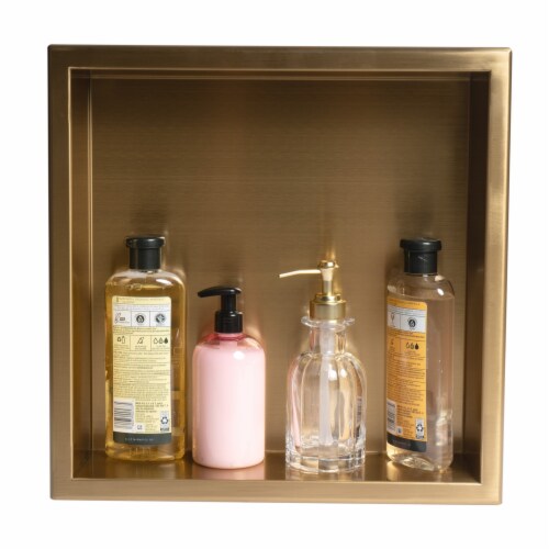 ALFI brand ABNP1616-BG 16 x 16 Brushed Gold PVD Steel Square Single Shelf Shower Niche Perspective: left