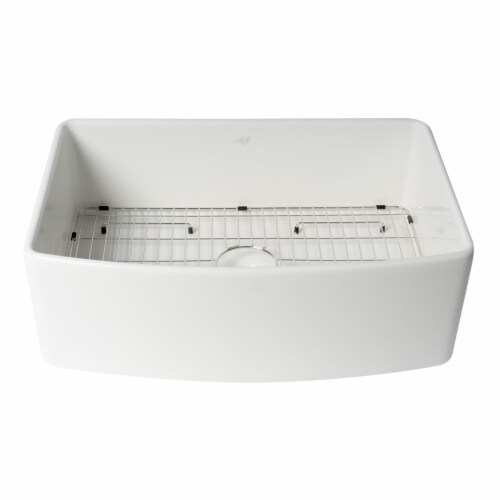 ALFI Brand ABFC3020-W White  Curved Apron 30  x 20  Single Bowl Fireclay Farm Sink with Grid Perspective: left