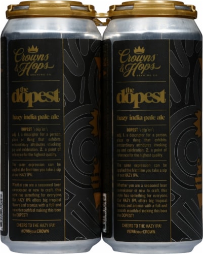 Crowns & Hops Brewing The Dopest Hazy IPA Cans Perspective: left