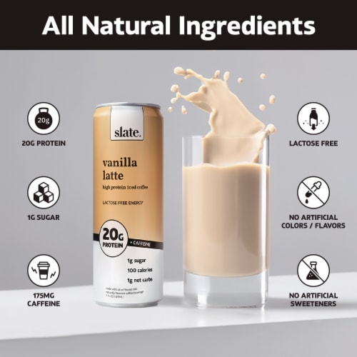 Slate Vanilla Latte High Protein Iced Coffee 11oz Perspective: left