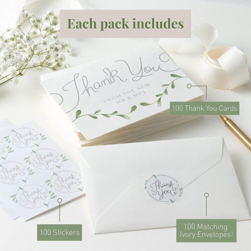 Thank You Wedding Cards with Envelopes & Stickers, 100 Bulk Pack, Silver Foil Perspective: left