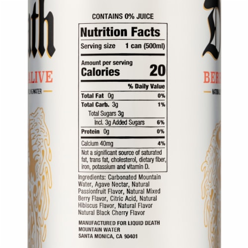 Liquid Death Berry It Alive Sparkling Water Perspective: left