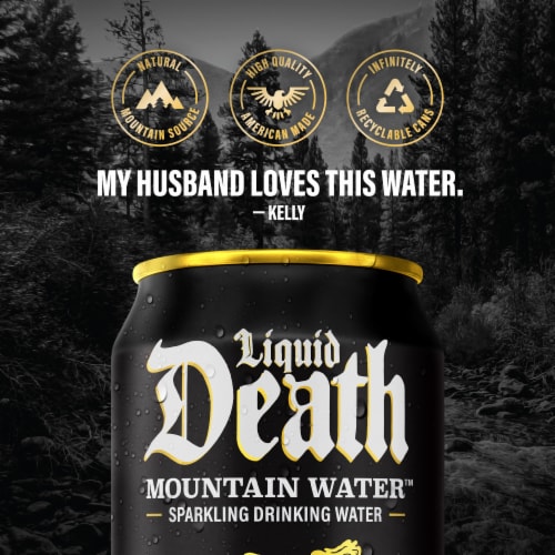 Liquid Death, Sparkling Mountain Water, Real Mountain Source, 100% American Made Perspective: left