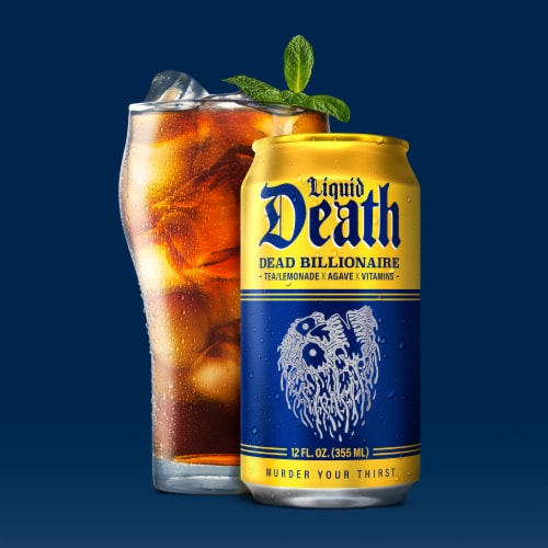 Liquid Death, Dead Billionaire Iced Tea, Half Lemonade Half Black Tea Perspective: left