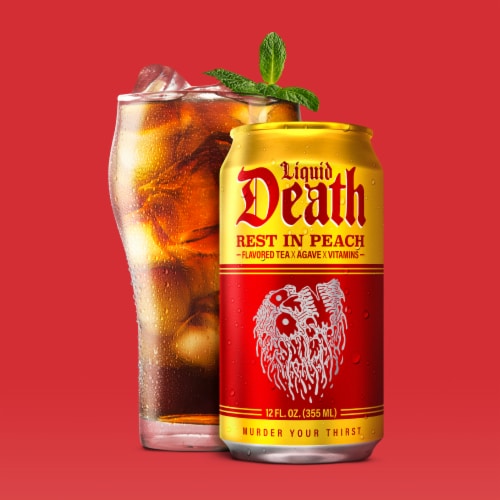Liquid Death, Rest in Peach Iced Tea, Peach Flavored Back Tea Perspective: left