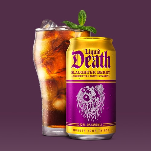 Liquid Death, Slaughter Berry Iced Tea, Raspberry Flavored Black Tea Perspective: left
