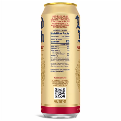 Liquid Death, Grave Fruit, Grapefruit-Flavored Sparkling Water Perspective: left