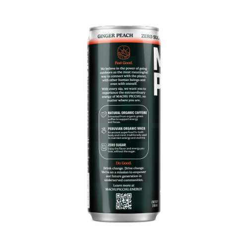 Machu Picchu Ginger Peach Energy Drink Can Perspective: left