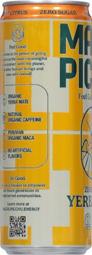 Machu Picchu Zero Sugar Ocean Citrus Yerba Mate Energy Drink Perspective: left