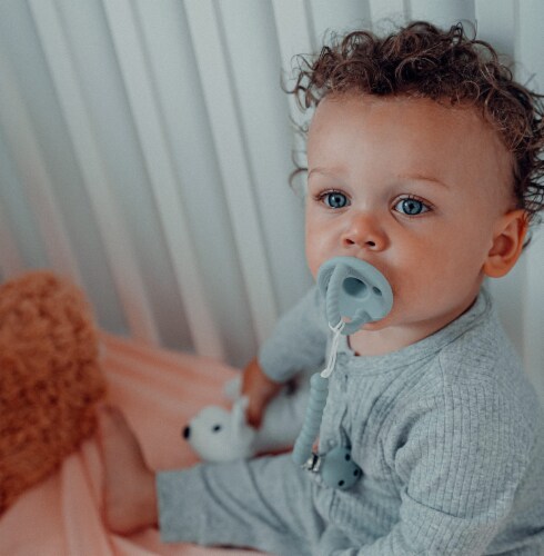 Pacifier 4 Pack by Comfy Cubs, Earth Green, Stage 1 Perspective: left