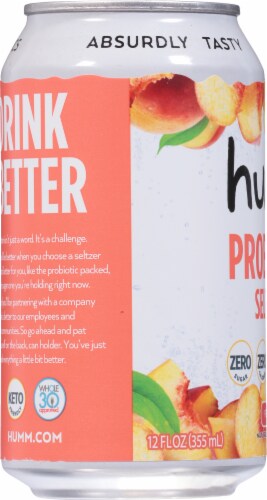 Humm Kombucha® Probiotic Peach Flavored Seltzer Water Cans Perspective: left