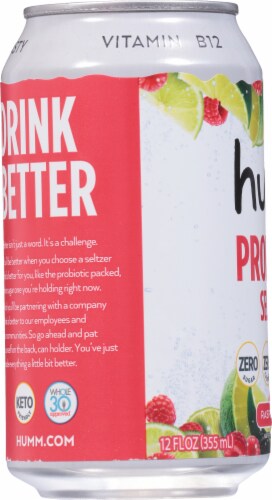 Humm Kombucha® Probiotic Raspberry Lime Flavored Seltzer Water Cans Perspective: left