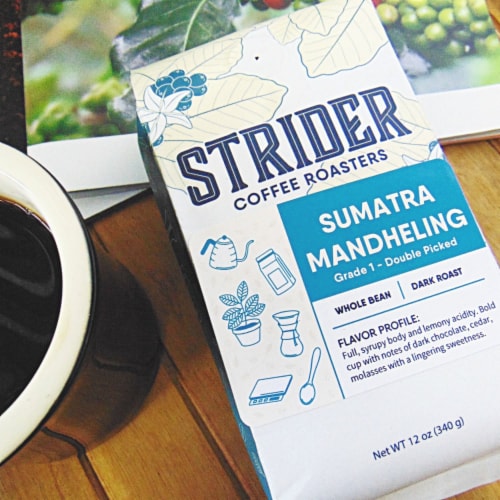 Sumatra Mandheling, Dark Roast, Whole Bean, Indonesia, Specialty Coffee, 12 oz, Coffee Gifts Perspective: left
