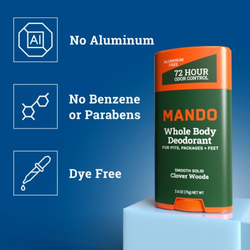 Mando Whole Body Deodorant - Men’s Aluminum-Free Smooth Solid Stick Deodorant - Clover Woods Perspective: left