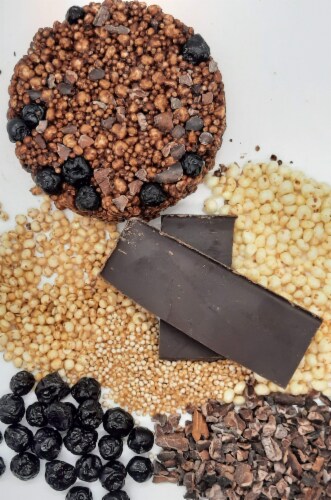 Bittersweet Chocolate with Dried Blueberries & Cacao Nibs - 8 Packs | 1.27 Oz each Perspective: left