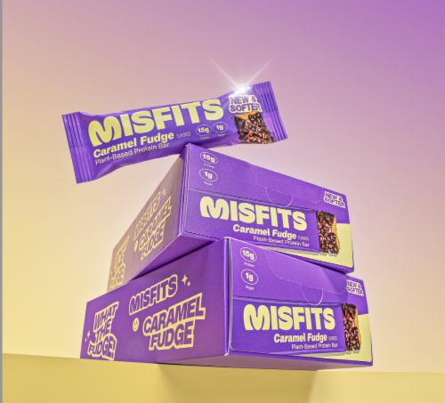 Misfits Caramel Fudge Plant-Based Protein Bar Perspective: left