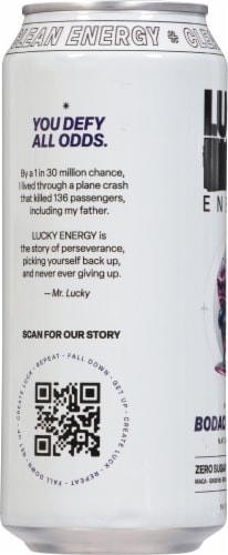 Lucky Energy Bodacious Berry Zero Sugar Energy Drink Can Perspective: left