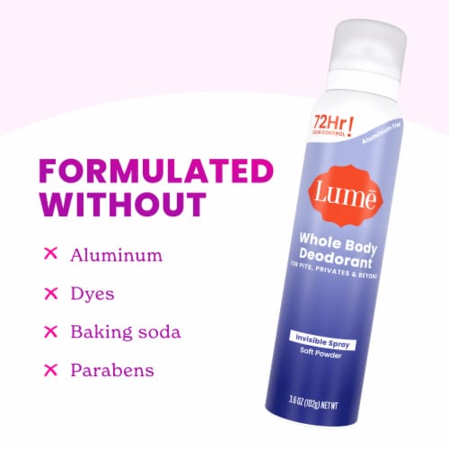 Lume Women's Whole Body Invisible Deodorant Spray Soft Powder Aluminum Free Perspective: left