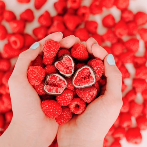 Tru Fru Raspberries Hyper-Chilled in White & Dark Chocolate Perspective: left