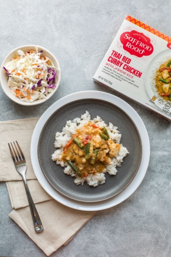 Saffron Road Thai Red Curry Chicken with Jasmine Rice Gluten-Free Frozen Meal Perspective: left