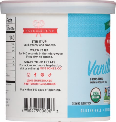 Miss Jones Baking Co Organic Vanilla Frosting with Coconut Oil Perspective: left