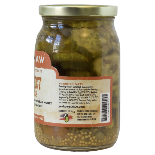 YeeHaw Pickle Co. Sweet & Spicy Stackers Bread & Butter Pickles with Fresh Habanero Perspective: left