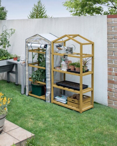 VT Nursery - 4 Tier Wooden Greenhouse FSC 100% Natural (with PE cover) Perspective: left