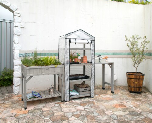 VT Nursery - 4 Tier Wooden Greenhouse FSC 100% Gray Wash (with PE cover) Perspective: left