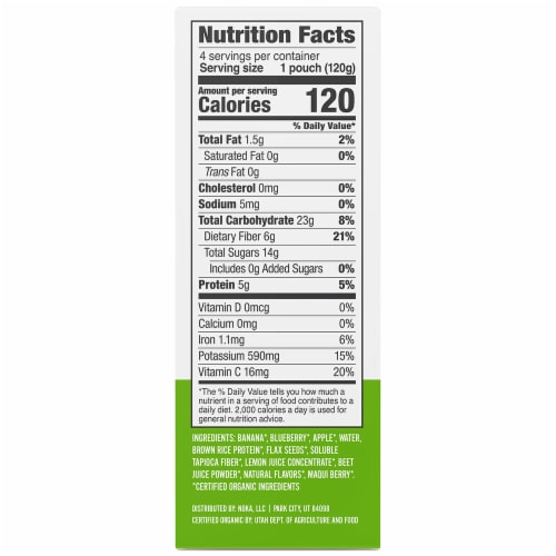 Noka® Blueberry Beet + Prebiotic Fiber Superfood Smoothie Fruit Pouch Perspective: left