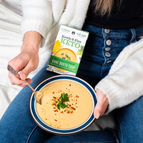 Kettle & Fire Keto-Friendly Broccoli Cheddar Chicken Bone Broth Soup Perspective: left