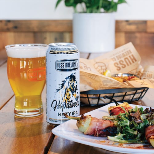 Huss Brewing Co. Hopaloosa Hazy IPA Perspective: left