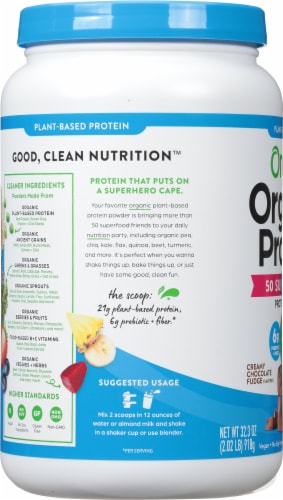 Orgain Organic Protein & Superfoods Creamy Chocolate Fudge Flavor Plant Based Protein Powder Perspective: left