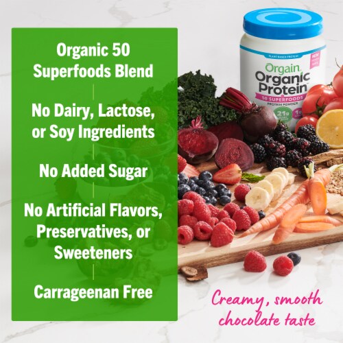 Orgain Organic Vegan 21g Protein Powder + 50 Superfoods, Creamy Chocolate Fudge Perspective: left