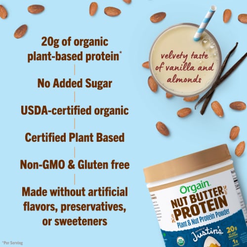 Orgain X JUSTIN’S® Organic Plant & Nut Butter 20g Vegan Protein Powder, Vanilla Almond Butter Perspective: left