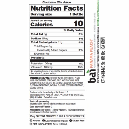 Bai® Antioxidant Infused Panama Peach Flavored Bottled Water Perspective: left