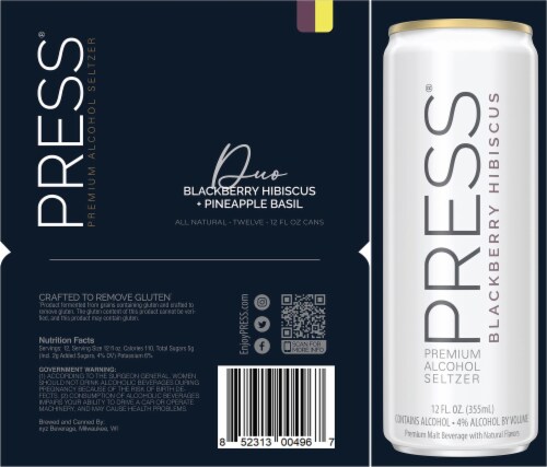 Press Duo Blackberry Hibiscus & Pineapple Basil Alcohol Hard Seltzer Variety Pack Perspective: left