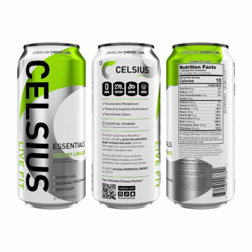 CELSIUS ESSENTIALS™ Sparkling Cherry Limeade Energy Drink Can Perspective: left