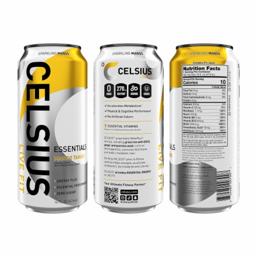 CELSIUS ESSENTIALS™ Sparkling Mango Tango Energy Drink Can Perspective: left