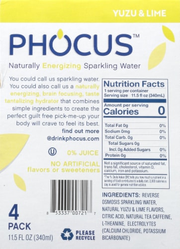 Phocus™ Caffeinated Yuzu and Lime Flavored Sparkling Water Cans Perspective: left