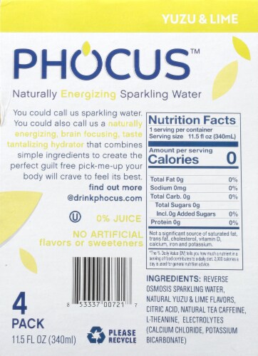 Phocus™ Caffeinated Yuzu and Lime Flavored Sparkling Water Cans Perspective: left