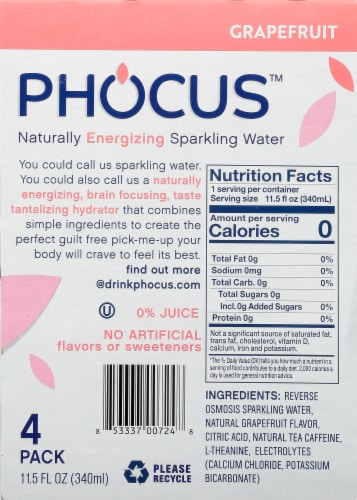 Phocus™ Caffeinated Grapefruit Flavored Sparkling Water Cans Perspective: left