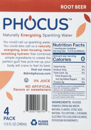 Phocus™ Caffeinated Root Beer Flavored Sparkling Water Cans Perspective: left
